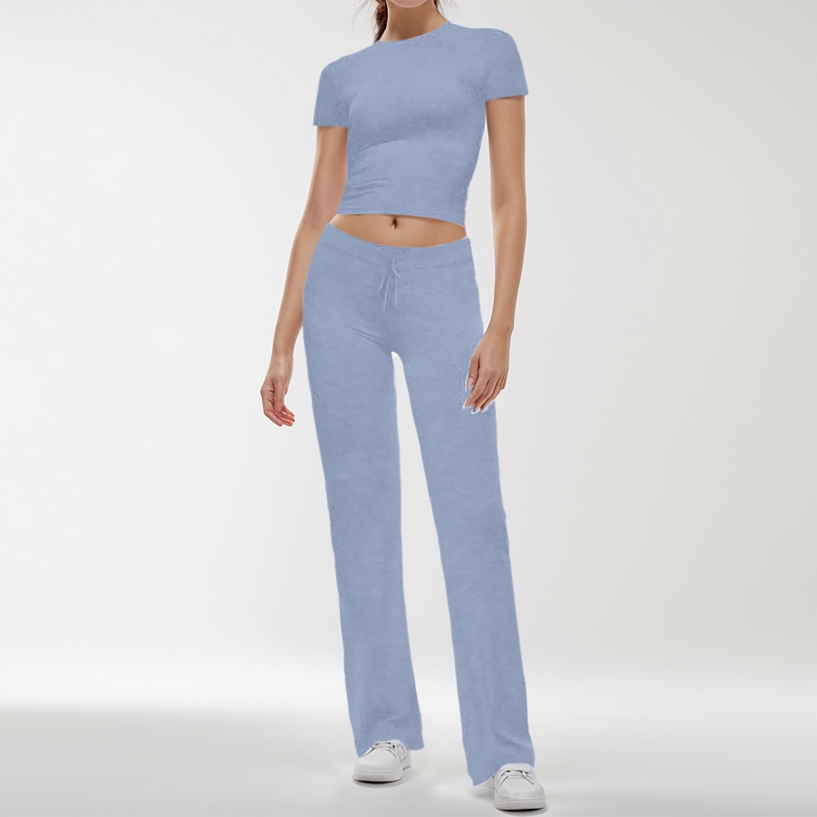 thumbnail image 2 of Conjunto de 2 piezas para mujer: top corto de manga corta y pantalones rectos, estilo deportivo informal, tallas reales para primavera/verano, 2 of 6